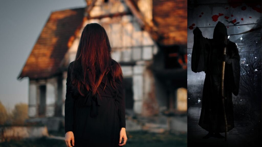 Girl infront of honted house.